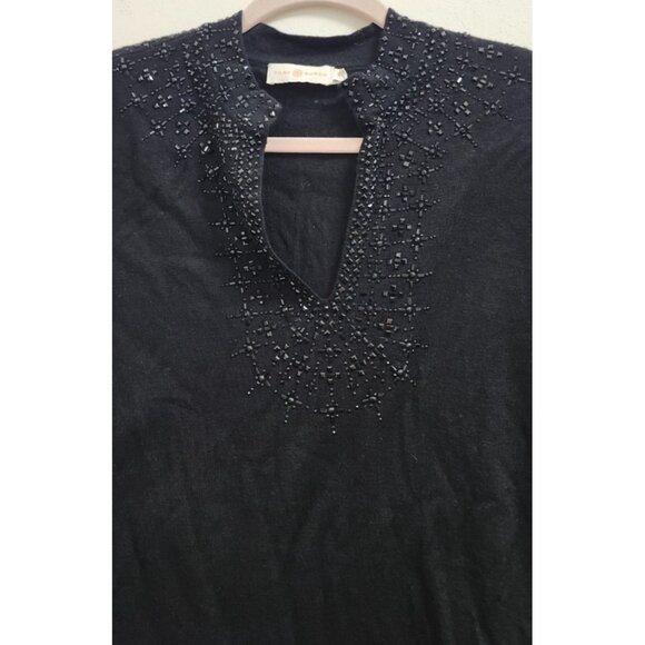 Tory Burch Merino Wool Beaded Tunic Top Black L Embellished V-Neck Long Sleeve - Picture 3 of 15